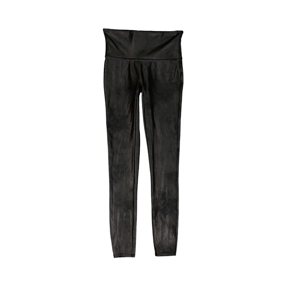 Spanx Leggings Womens M Medium Black Faux Leather Ankle High Waist Shiny Stretch